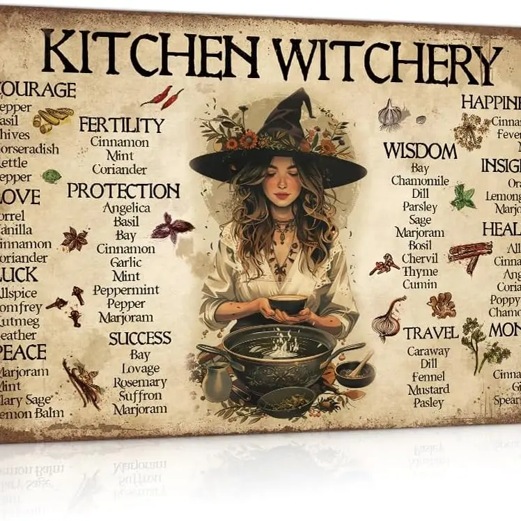 " Kitchen Witchery" Vintage Metal Sign – Retro Witch Herb Wall Art for Rustic Kitchen, Coffee Bar, Pagan Wicca Home Decoration Sign Art 8x12 Inch