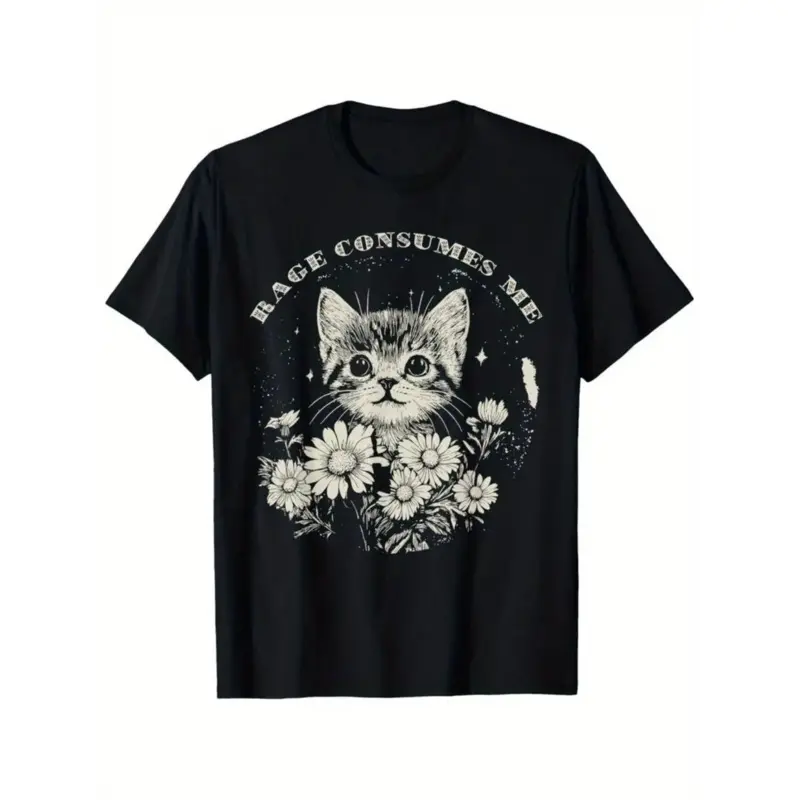 Men's Soft Cotton Short-Sleeve T-Shirt - Casual Round Neck Casual Sports Top, Classic Hem, Sarcastic 'Rage Consumes Me' Funny Cat Graphic, Floral Design, Ideal for Streetwear, Birthday Gifting, Casual Sports Tops