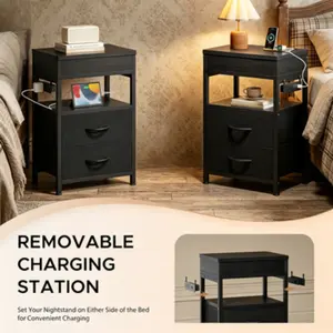 Modern Nightstand with Hidden Drawer & Charging Station – Functional Bedside Table Equipped with Built-in Charging Ports and Sliding Top Storage, Accent Side Cabinet with 2 Fabric Drawers, Multi-Purpose End Table for Dorms, Living Rooms and Bedrooms