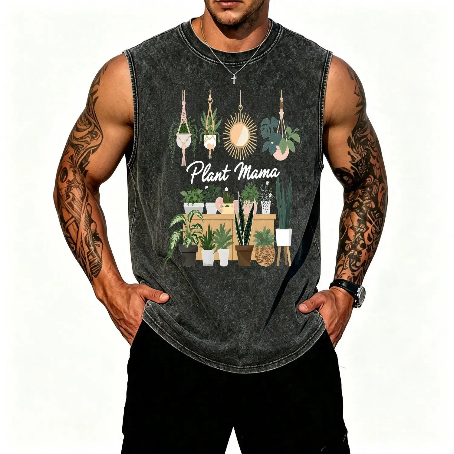 Vests Y2K Style Colorful Potted Plants Hanging Planters Illustration with "Plant Mama" Text Sun Graphic Relaxed Earthy Vibe Perfect Gift for Plant Loving Family Friends Casual Trendy Apparel