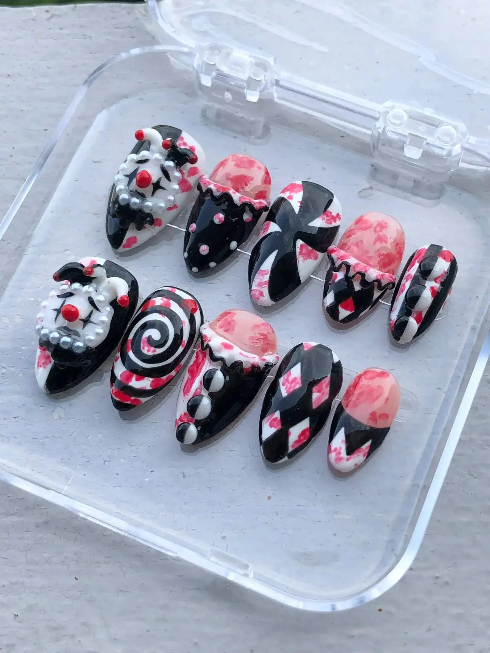 Handmade Creepy Clown Press On Nails | Black Pink Ribbon, Swirl & Gothic Circus Design