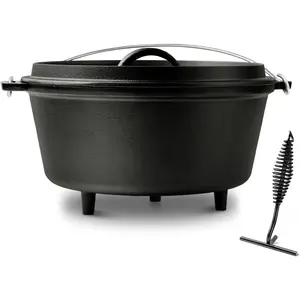 Pre-seasoned cast iron Dutch oven with lid, large camping pot with lid lifter, dual handles for outdoor campfire, grill, oven, and stovetop cooking, black