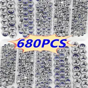 680PCS Anti-lock hexagonal nuts - anti-slip designed full-thread fasteners, M3/M4/M5/M6/M8/M10, for industrial, construction, electronic, automotive, locking function decoration industry and scientific applications
