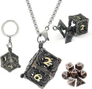 Mini Metal DND Dice Set with Hollow Necklace Dice Case Antique Tiny Metal Dice Set D&D Keychain Portable 7PCS Dice Set