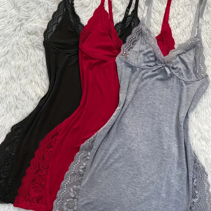 Women's 3PCS Pyjamas Sets, Solid Color Sexy Sleepwear & Loungewear with Lacy Details and Side Panel-Split Skirt