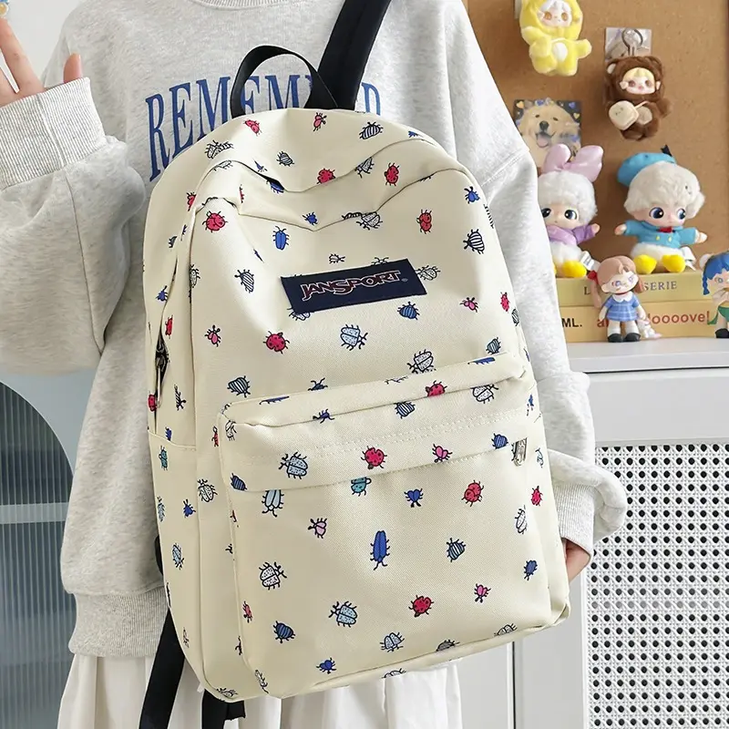 Cute Ladybug Print Backpack Jansport Style Oxford Cloth Lightweight Large Capacity Student School Bag Ins Aesthetic Rucksack For Teen Girls Travel Daily Daypack