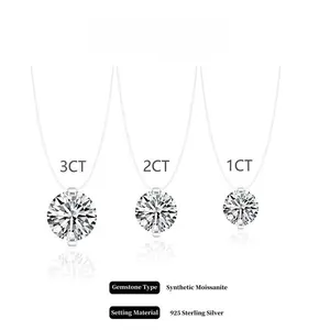 #35 Invisible 1-3CT Clear Nylon Thread Necklacevvs Synthetic Moissanite Necklace in 925 Sterling Silver Birthday Mother's Day Gift for Men Women Wedding Invisible Necklace