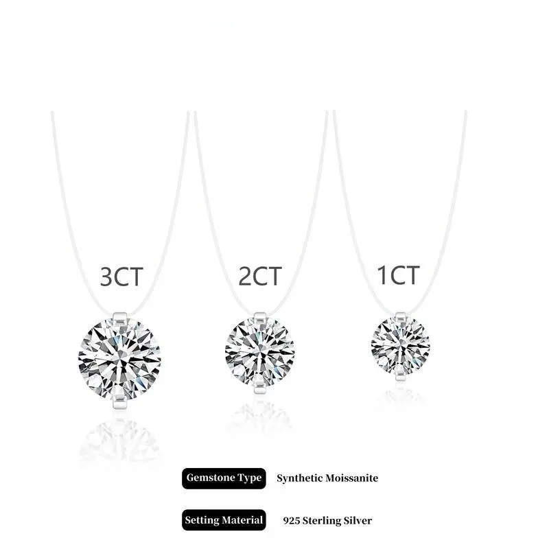 #35 Invisible 1-3CT Clear Nylon Thread Necklacevvs Synthetic Moissanite Necklace in 925 Sterling Silver Birthday Mother's Day Gift for Men Women Wedding Invisible Necklace