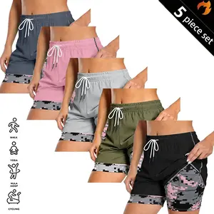 Set of 5 women’s summer shorts: double-layer faux two-piece mid-length shorts; polyester–spandex knit fabric; breathable, quick-drying compression base layer shorts; elastic waistband with drawstring; side mesh pockets; suitable for fitness training, casu