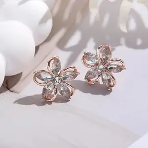 Women's floral cubic zirconia stud earrings, elegant, stylish and versatile ear accessories, classic ornaments for daily wear, weddings and parties, ideal surprise gifts for birthdays, Mother's Day and anniversaries