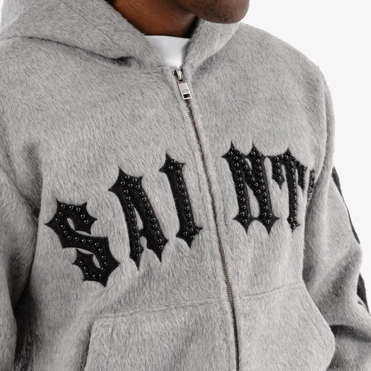 Copper Rivet 'Saints' Mohair Pearl Embroidery Zip Hoodie (Gray