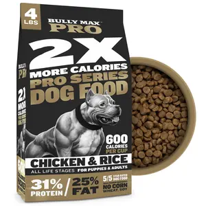 Bully Max Pro 2X High Calorie & High Protein Dry Dog Food for Puppy & Adult Dogs - Weight Gain & Muscle Building - 600 Calories/Cup Kibble Chicken