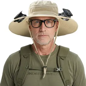 Berlune Men Sun Hat with 2 Solar Fans Wide Brim Outdoor Fishing Hat USB & Solar Powered for Sun Protection Camping Hiking