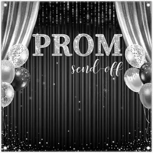 6x6ft Fabric 2026 Prom Send Off Backdrop Black and  Glitter Graduation Balloon Photography Background Congrats Grad Class School Party Decorations Photo Banner