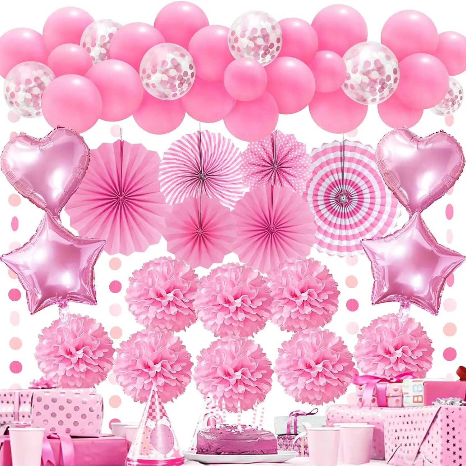 Party Decorations Pink, Paper Pompom Balloon Garland Party Supplies for Women Girl Party Birthday Valentine's Day Shower Bachelorette Wedding Graduation Party Decorations