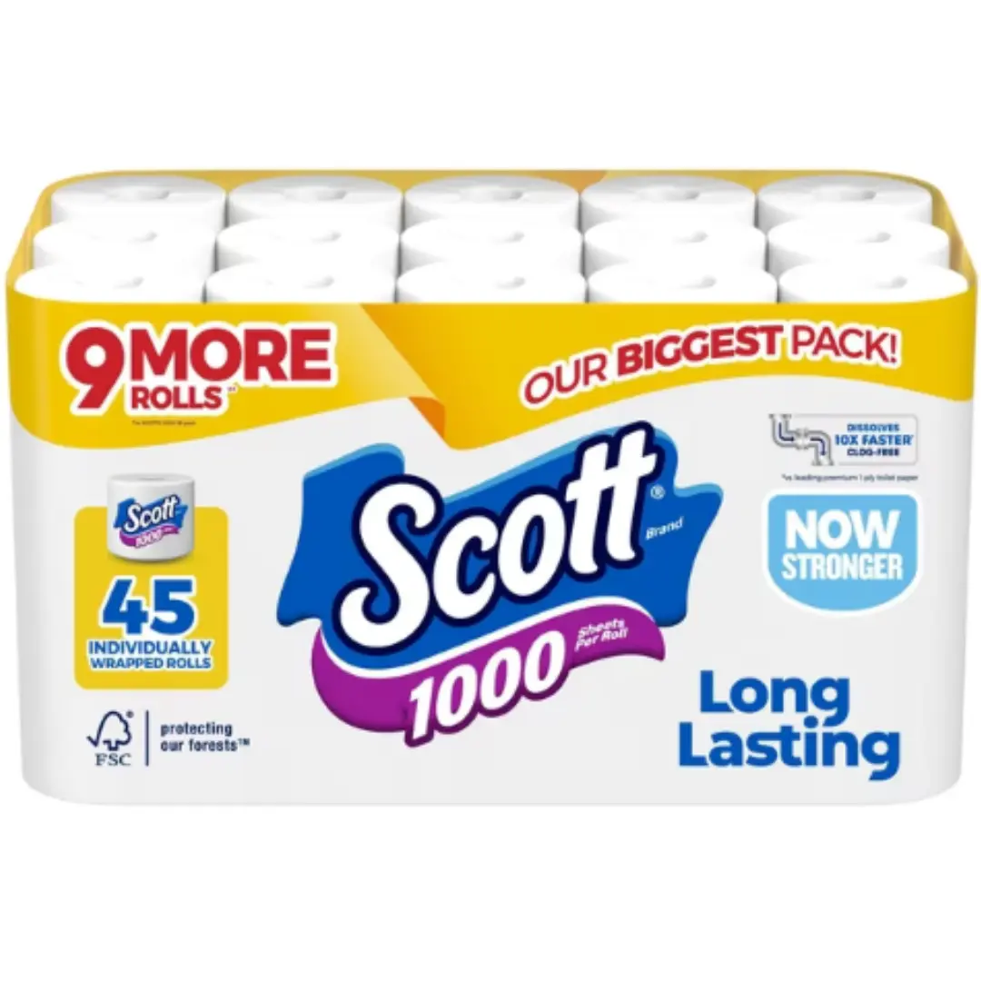 Scott 1000 Toilet Paper Bulk Pack, 45 Rolls 1000 Sheets Each, Septic Safe Scott 1000 Toilet Paper Bulk Pack, 45 Rolls 1000 Sheets Each, Septic Safe
