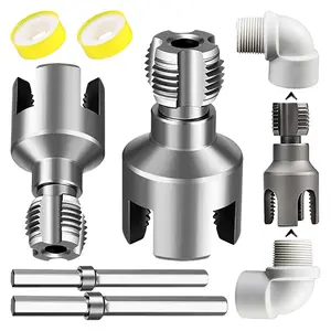 2PC Integrated Internal & External Pipe Threading Tool with 1/2" & 3/4" Dies, Electric Drill Compatible 2-in-1 PVC Pipe Threader Kit, Dual-Function Pipe Thread Cutting Tool for Home Repair