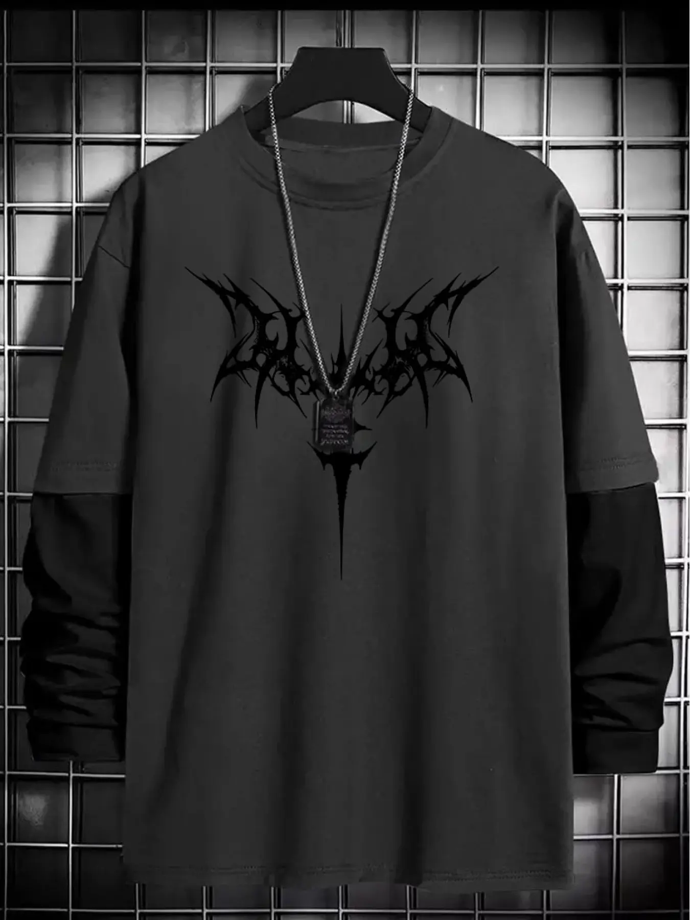 Gothic Geometric Text Print Loose Fit Long Sleeve Round Neck T-Shirt, Casual Fashion Tee, Fashion Street Style Streetwear Casual Top, Comfortable Trendy Gift