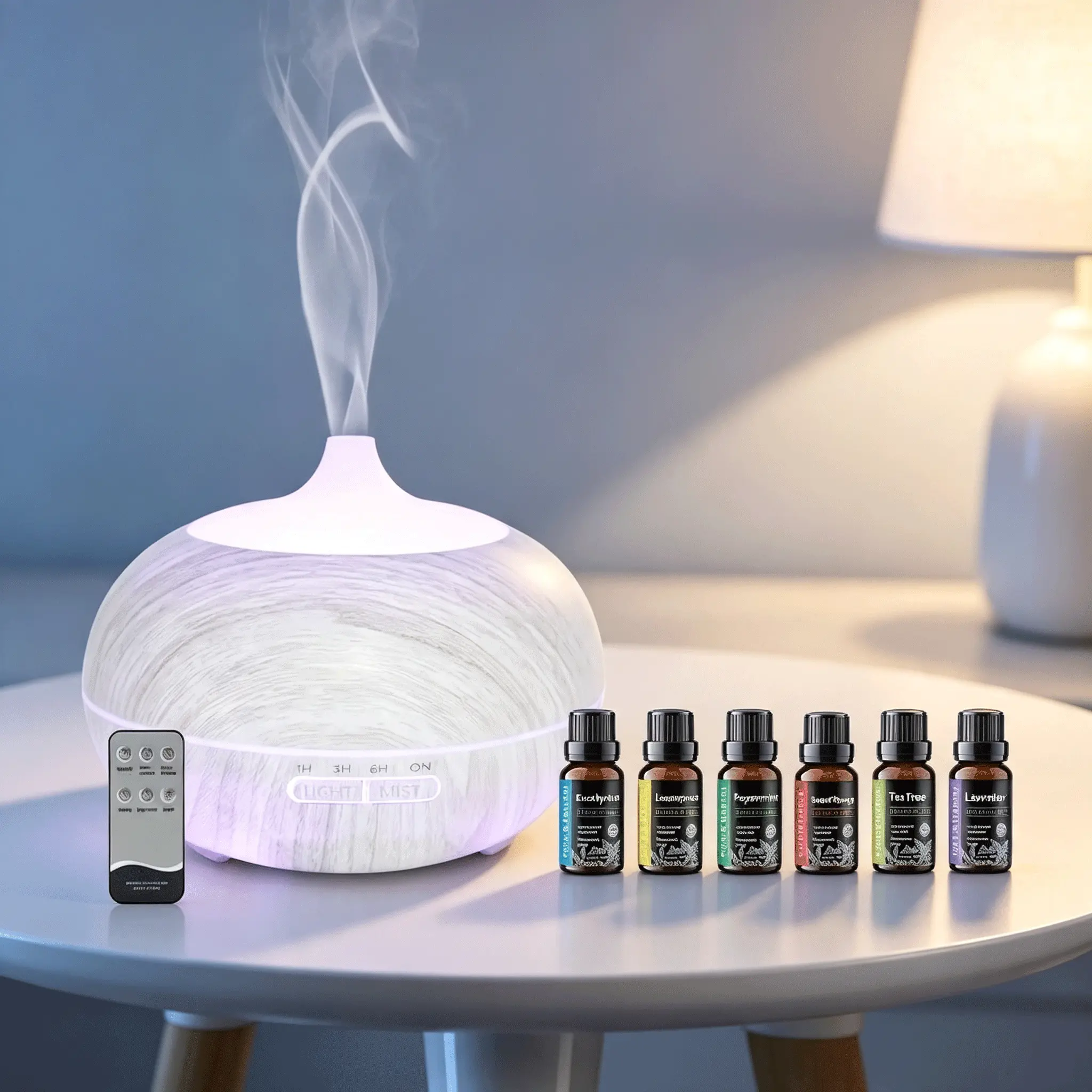 Wood Grain Aromatherapy Diffuser, Ultrasonic Cool Mist Humidifier with Remote Control, 7 Color LED Night Light, Timing Scent Diffuser Comes with 6 Essential Oils for Bedroom Office Dorm Gift