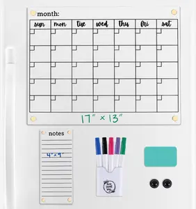 Acrylic Magnetic Dry Erase Board for Fridge, Set of 2 Transparent Monthly and Notes pad board,  Includes 5 Dry Erase Markers, 1 Eraser and Magnetic Pen Holder
