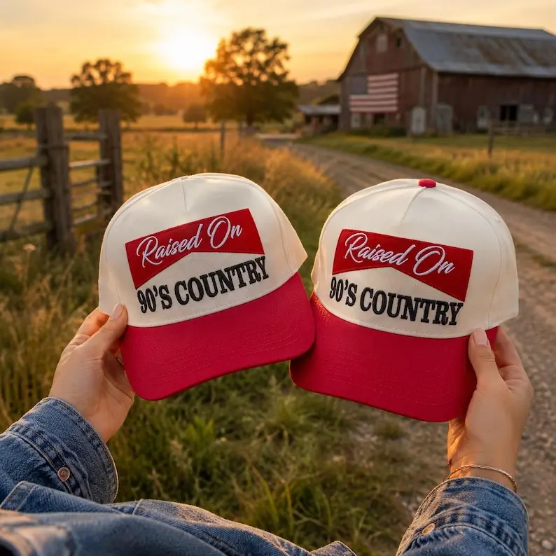 Raised On 90s Country Trucker Hat Embroidered Country Music Snapback Mesh Cap Adjustable Western Cowboy Unisex Gift Hat