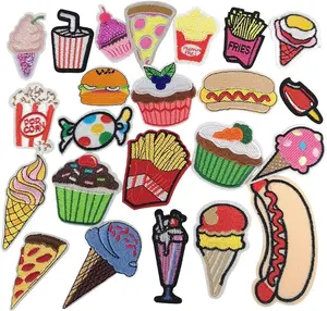 Random 24PCS Mix Fries Bread Sandwish Cake Drink Sew-on Iron-on Patch Dress Embroidered Appliques Patches (Cake Bread Fries)