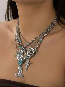 Vintage Faux Turquoise Cow Head Clavicle Necklace Set, Ethnic Style Cactus Cowboy Hat Layered Necklace, 4 Piece Jewelry Collection