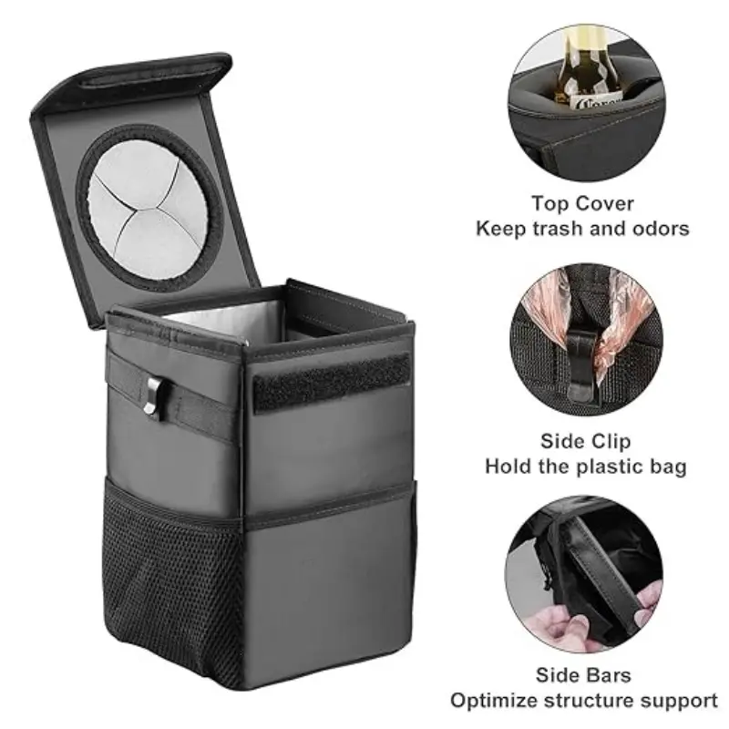1PC Car Trash Can with Lid - Collapsible Automotive Truck Organizer and Storage Bag Car Accessories for Women Men Road Trip Essentials for Automotive, Travel, Home Use - Multipurpose Garbage Bin Holds Liquids, Durable & Odor-Resistant