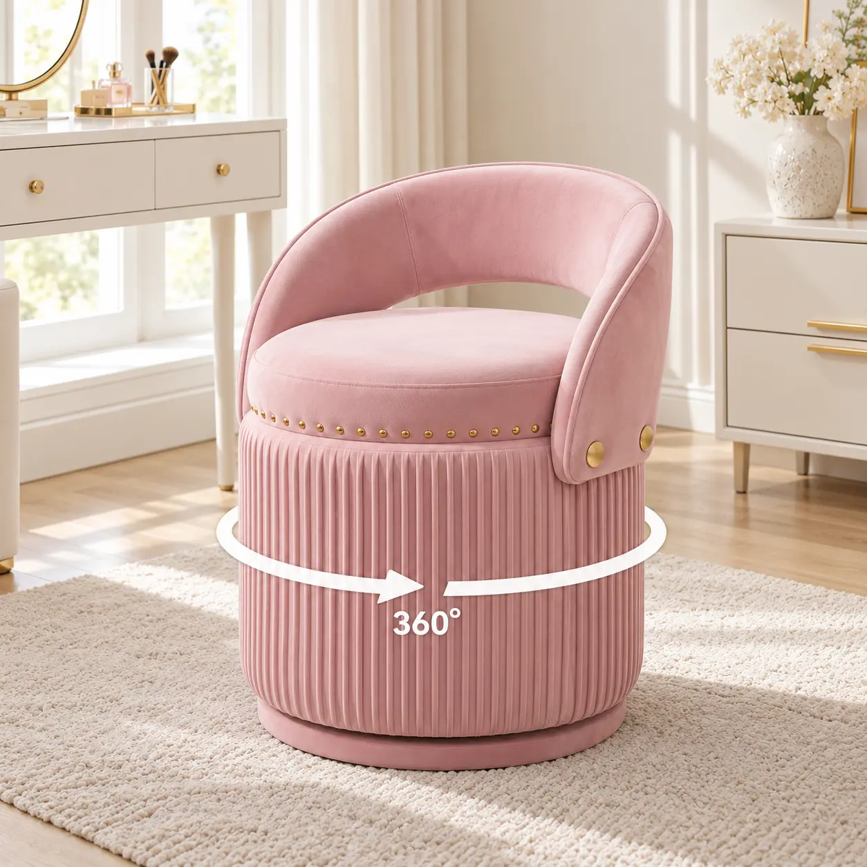 Raybee Velvet Vanity Chair with Storage & Nailhead Trim, 360 Swivel Makeup Stool with Wave Back, Modern Cute Accent Chair Barrel Armchair for Women Bedroom, Dressing Room, Vanity Desk, Small Space Cozy Seat Footstool, 300 lbs