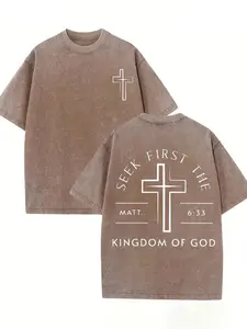 GLEC First Seek The Kingdom Of God, God Is Worthy Of Your Faith, Believe In Christianity, Classic Retro Fashion High Street Cross Popular Letter Pattern Printing Boutique 230g Washed Cotton T-Shirt, Men's Summer High-Quality Printed Cotton washed pure cot