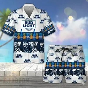 Tropical Pineapple Bud Light Beer Hawaiian Shirt Shorts Set Beach Summer