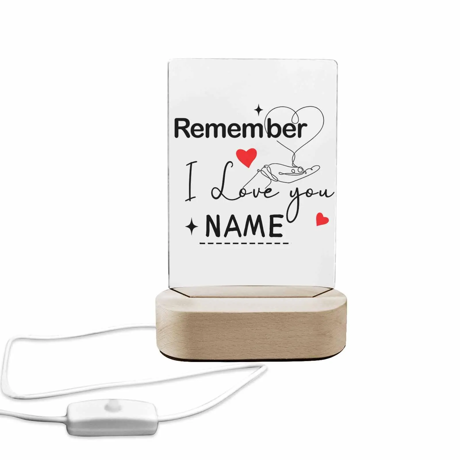 EastJia Custom "Remember I Love You" Acrylic LED Warm Night Light Plaque with Wood Base - Personalized Romantic Home Decor, Valentines Day & Birthday Presents for Partners with Custom Letters