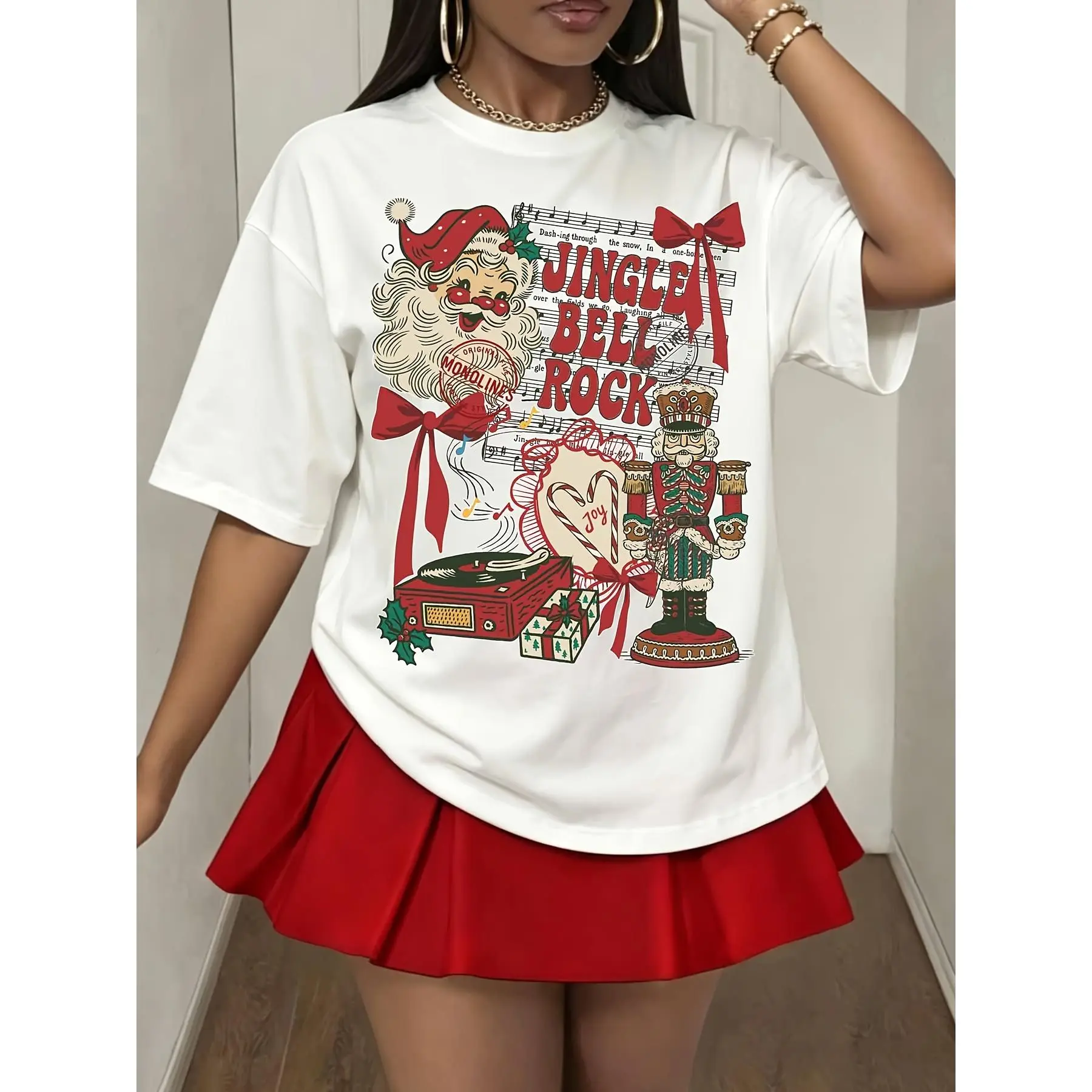 Women Christmas T Shirt, Jingle Bell Rock Santa Nutcracker Graphic Tee, Festive Holiday To