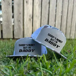 Daddy’s Money But I’m Daddy 7 Panel Trucker Snapback Hat, Embroidered Funny Quote Cap, Flat Bill Adjustable Streetwear Hat in Camo White Black Brown Khaki