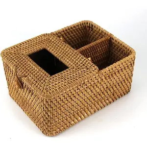 Square Rattan Tissue Box, Decorative Napkin Holder with 2 Compartments and Lid, Facial Tissue Box Holder Cover for Pen Pencil, Remote, Phone, Brown, 8.7 Inch