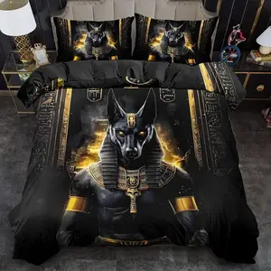 Ancient Egyptian Anubis Gold Bedding Set, 3-Piece Includes 1 Fitted Sheet & 2 Pillowcases, Soft Polyester Fiber, Warm & Lightweight, Decorative Bedding Set