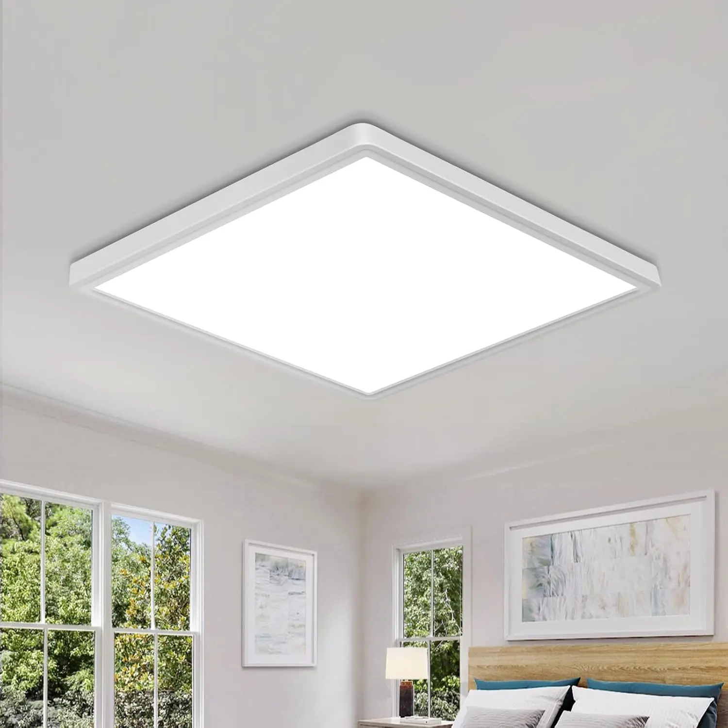12in Square Shape LED Flush Mount Ceiling Light, Ultra-Thin Low Profile 24W 6500K Cool White Fixture, LED Lights Bedroom for Living Room, Bathroom (White)