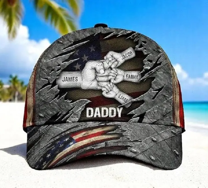 Personalized Fist Bump Daddy & Grandpa America Classic Cap – Custom Dad & Kid Names – Father’s Day Gift for Grandpa, Dad and Husband