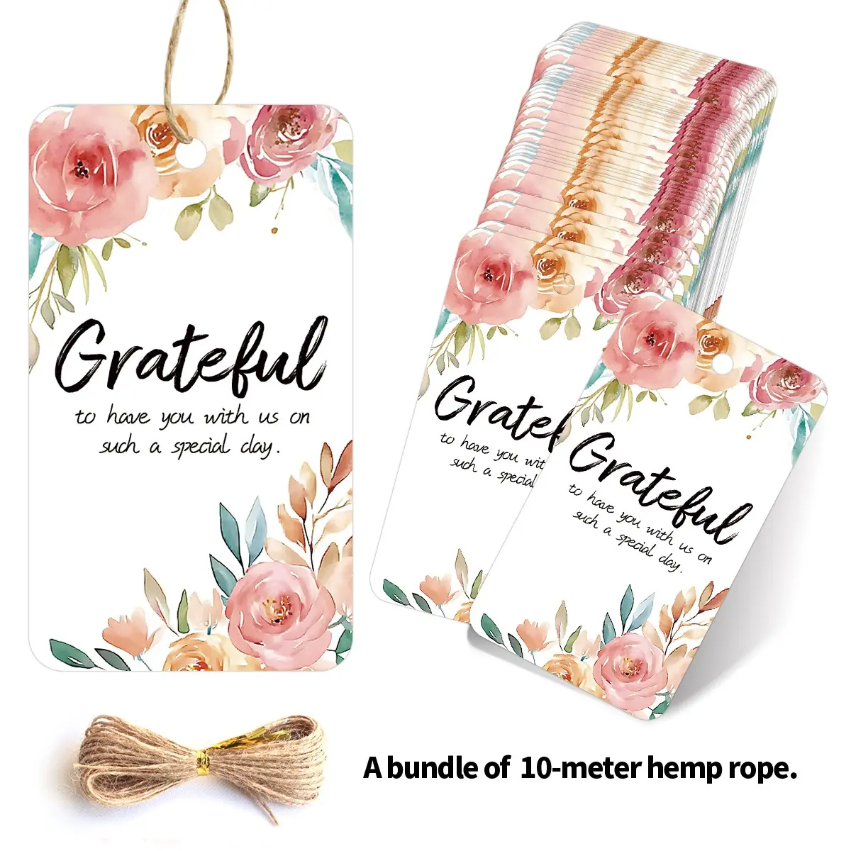 50 Floral Thank You Tags with Rope, Wedding Gift Labels, Birthday Party Decorations, Bridal Shower Favors, Event Gifts