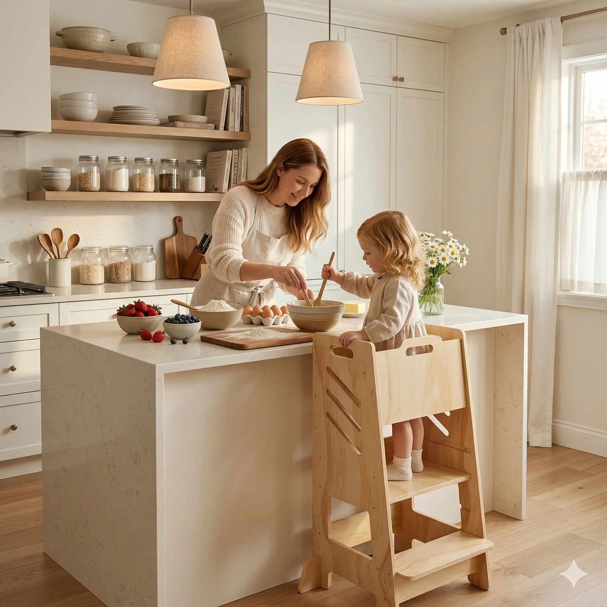 summergarden Montessori Toddler Tower - Solid Natural Wood Lightweight Multifunctional Stool, 18M-6Y Kids Furniture, 36.14" H x 17.83" W, Flush Safe Island Fit, Safety Rail, for Kitchen-Bedroom Home Use
