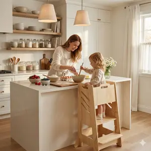 Montessori Toddler Tower, Solid Natural Wood Kitchen Step Stool for Kids (18M-6Y) with Perfect Flush Island Height Helper Design and Safety Rail