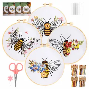 4pcs Bee-Themed Complete Embroidery Kit for Beginners with Pre-Printed Fabric, Hoop, Threads & Instructions - All-in-One Cross Stitch Set, Creative Gifts for Festival