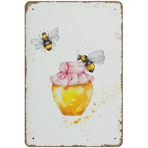 Wall art metal poster Jar with Honey and Bees Poster Bees Art Print Bumblebees Home Decor New Cottage Art Kitchen Design Nature Artwork Wall Art Poster Novelty 8x12 Tin Sign Metal Poster Wall Funny Man Cave Cool Wall Door