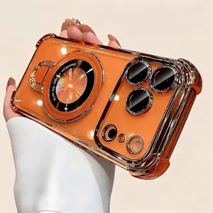 ECANCASE DIY Sticky Magnetic Bracket Protective Air Cushion Anti-drop Hard Acrylic Clear iPhone 17 Case with Camera Lens Protector Stand Holder Shockproof Cover for Magsafe iPhone 17 Pro Max Air 16 15 14 13 12 11 Plus Protection - Casing