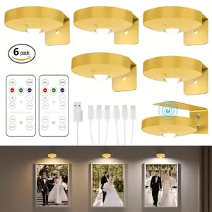 6-Pack Rechargeable Picture Lights for Wall, Battery Operated Magnetic LED Art Display Lights with Remote Control, 3 Color Temperature, Dimmable And Timer Function, Golden, Perfect for Picture Frames, Hallway, Living Room, Bedroom, Gallery