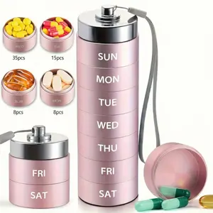 7-Day Aluminum Alloy Metal Pill Organizer, Lightweight Stackable Waterproof Moisture-Proof Portable Pill Holder Container for Vitamins, Medicines, Supplements, Small Gifts (Home Organizer Storage Bin)