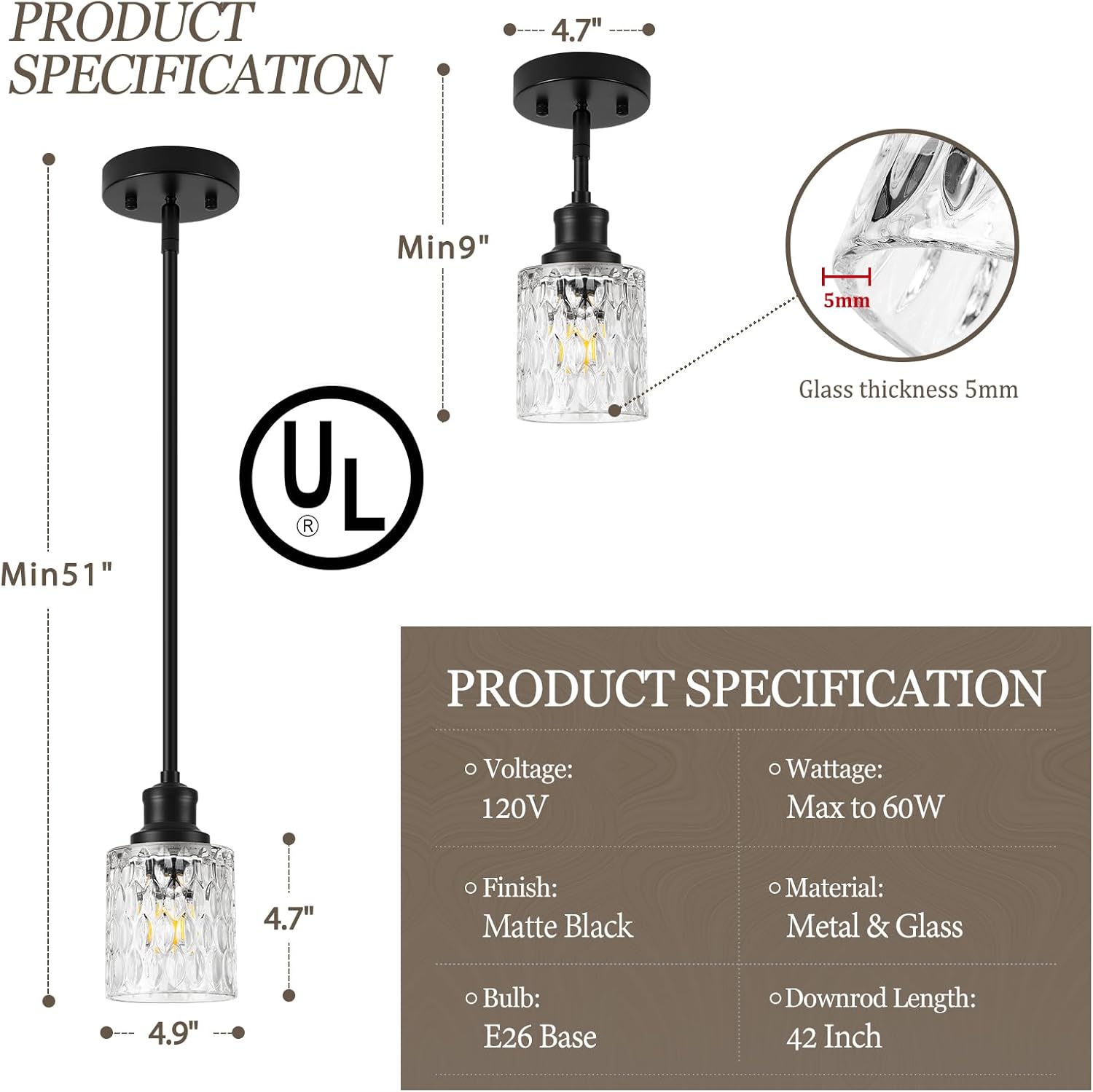 Glass Pendant Lights Kitchen Island, 1-Light Modern Black Mini Pendant with Drum Glass & Rods, Mini Hanging Light for Kitchen Sink Dining Room Bathroom