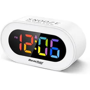 Small Colorful LED Digital Alarm Clock with Snooze, Simple to Operate, Full Range Brightness Dimmer, Adjustable Alarm Volume, Outlet Powered Compact Clock For Bedrooms,Bedside,Desk,Shelf