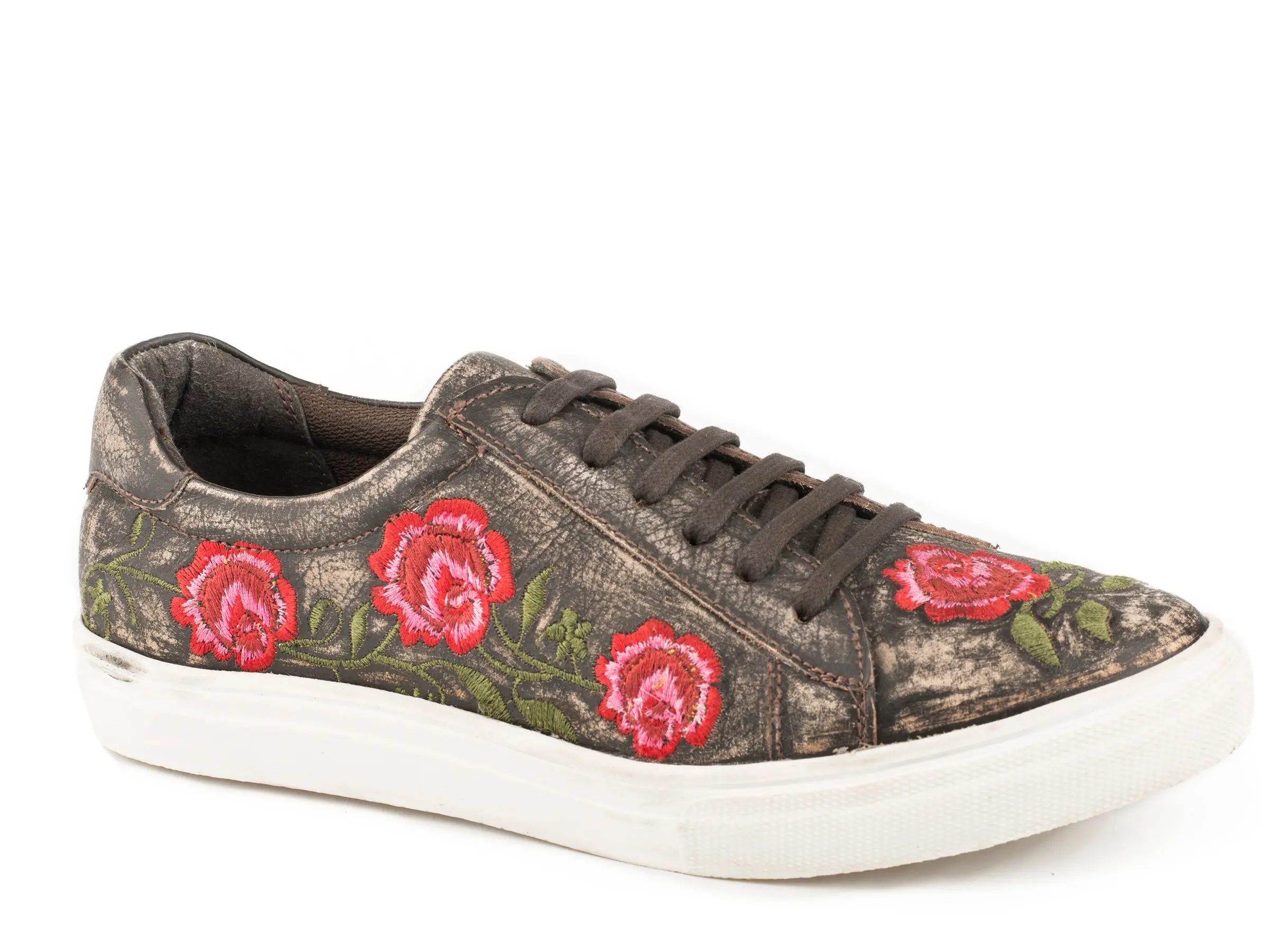 Womens Athletic Lace Up Brown Sanded Vintage Leather Rose Embroidery