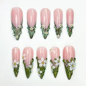 Enchanted Forest Press On Nails | 3D Floral Elfcore Nail Art | Moss Green Fairycore Nails | Handmade Nature-Inspired Nail Set
